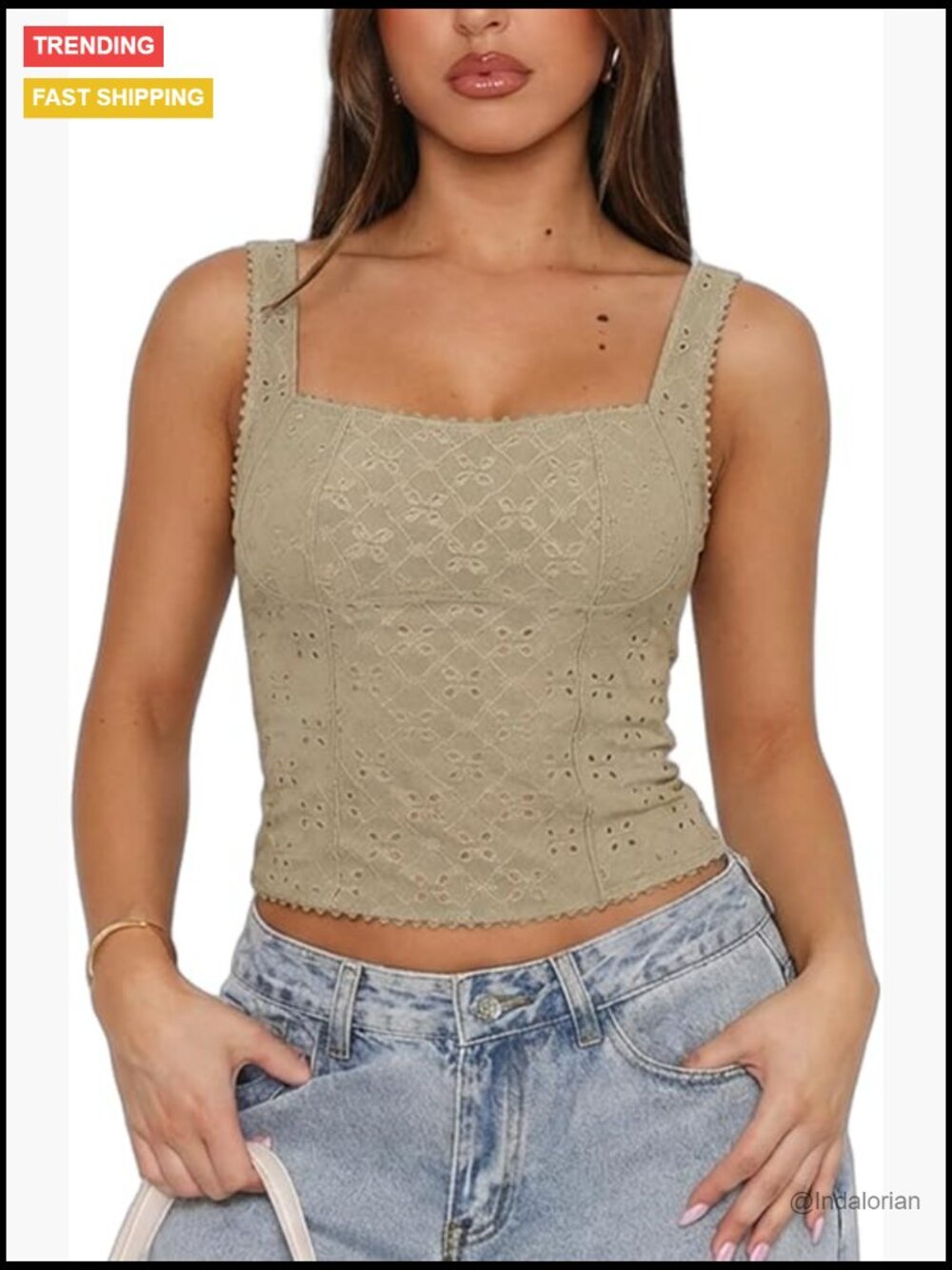 Polyester Spandex Square Neck Eyelet Back Cutout Cropped Tank Top